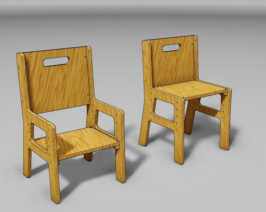 Drawing of a growing baby chair made of plywood - Dezin