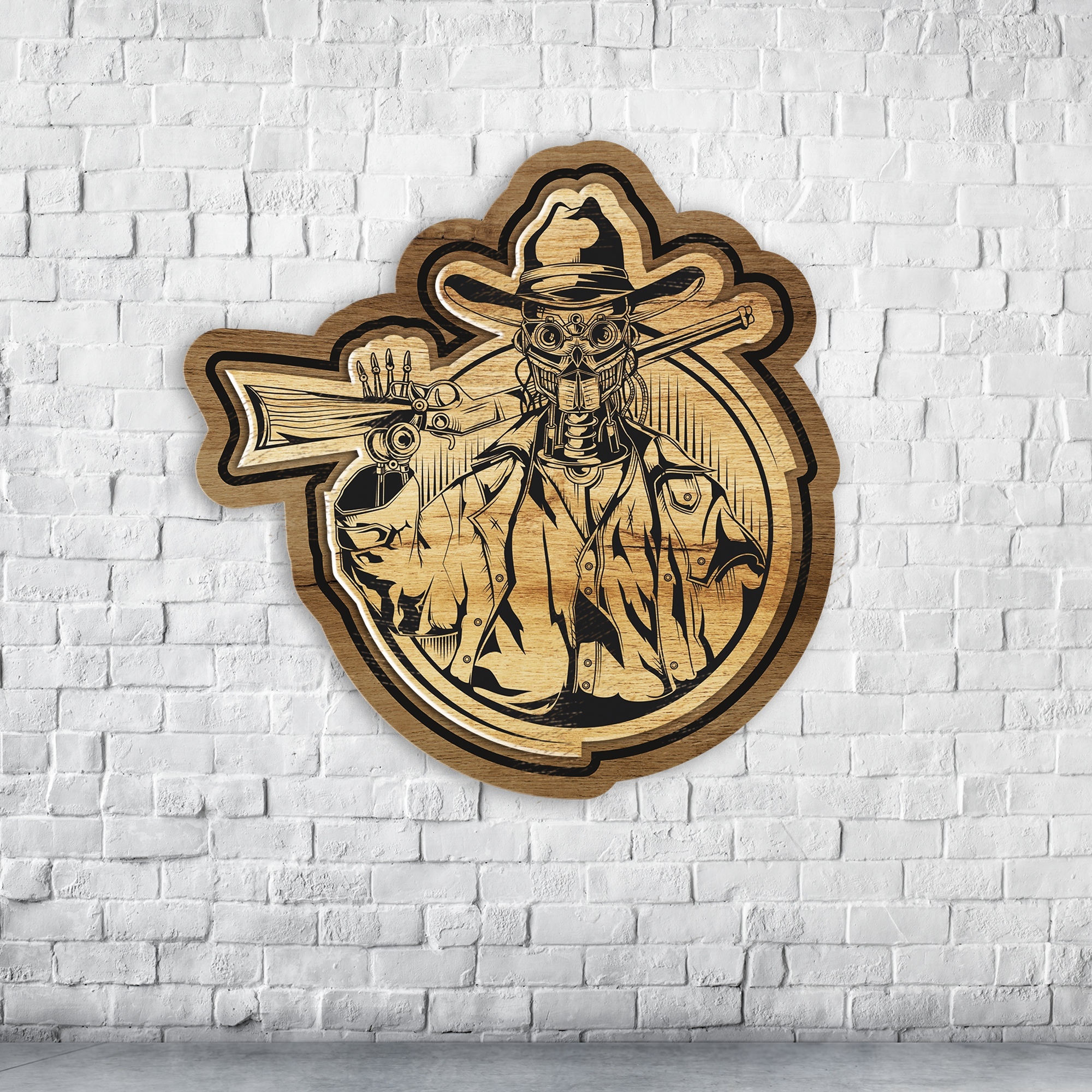 Laser Cut Engraved Robot Cowboy Badge Coaster Wall Decor CDR File - Dezin