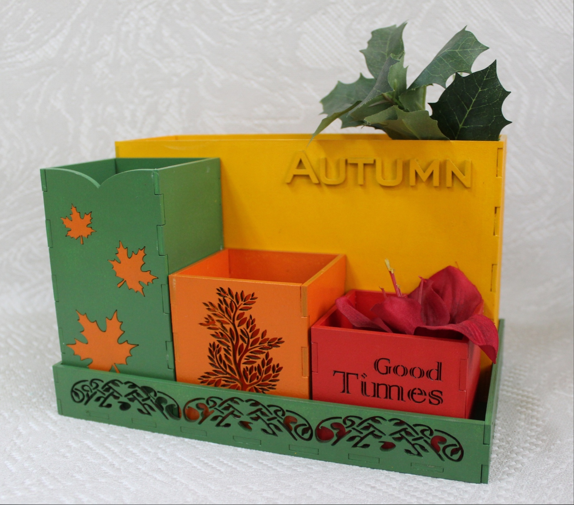 Laser Cut Autumn Desk Organizer Office Supplies Storage Free CDR Vectors Art - Dezin