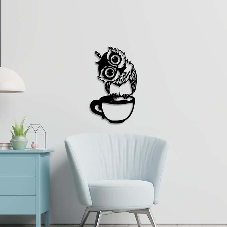 Owl and Coffee Metal Wall Art, Animals Wall Art, Living Room Wall Decor - Dezin