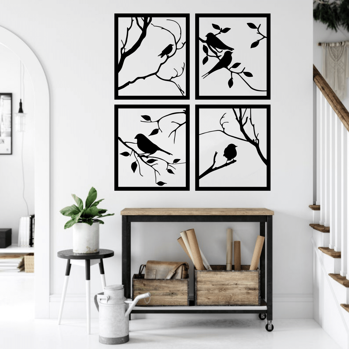 Bird on Branch Four Panle Wall Decor Free Vector - Dezin