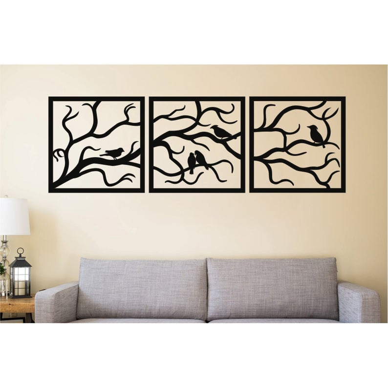 Metal Wall Art, Birds on Branch 3 Panels, Metal Tree Wall Art - Dezin