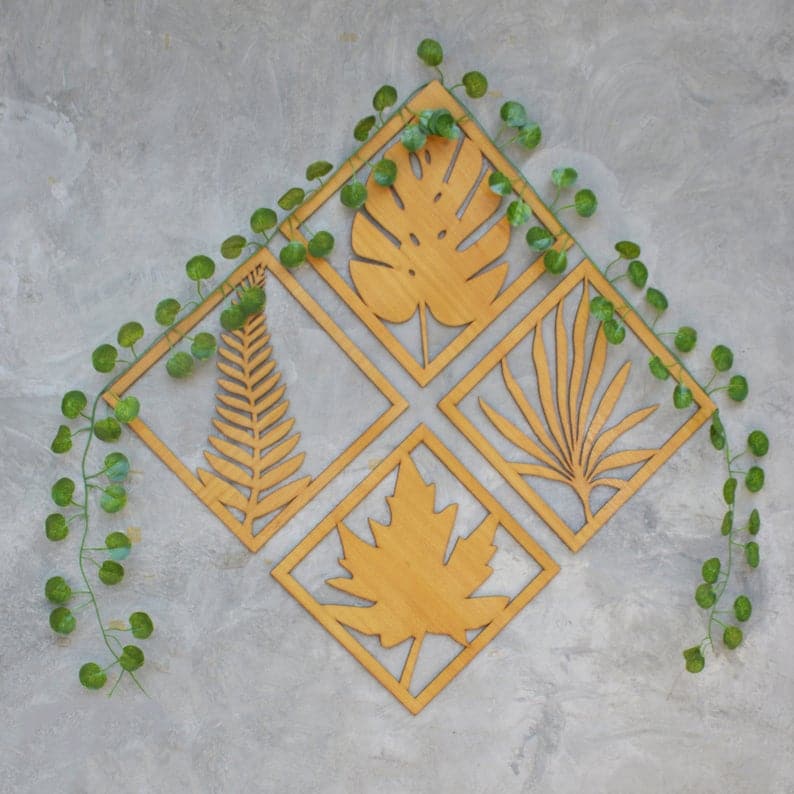 Monstera Palm Maple Fern Leaves Wall Art Wooden Wall Art - Dezin