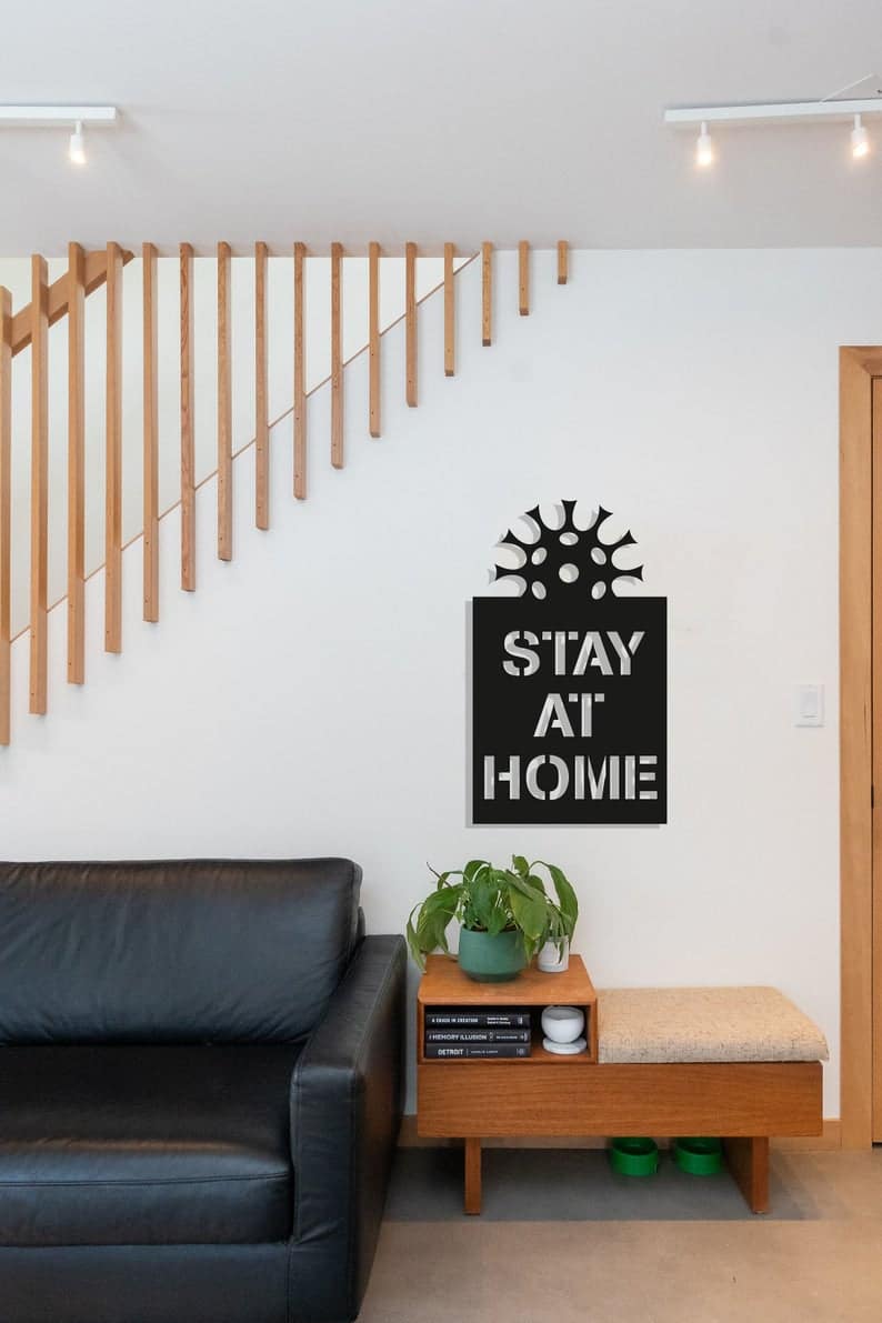 Stay at Home Wood Wall Art, Geometric Coronavirus COVID-19 - Dezin