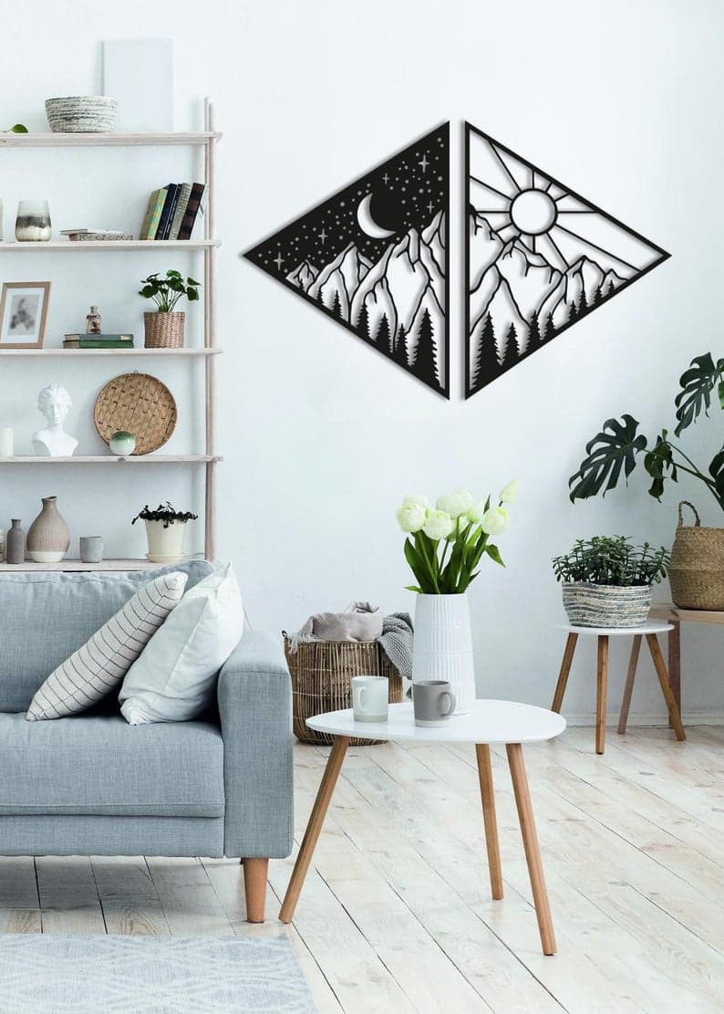 Sun and Moon Art, Mountain Wall Decor, Above Bed Decor - Dezin
