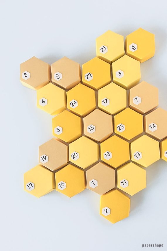 3d honeycomb Advent calendar from paper with no glue (free templates)