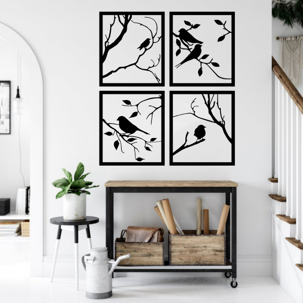 Bird on Branch Four Panle Wall Decor Free Vector