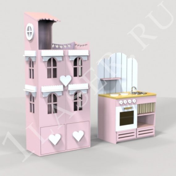Doll house and play kitchen