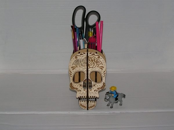 Elegant wooden skull 3D pen holder desktop organizer laser cut and engraved