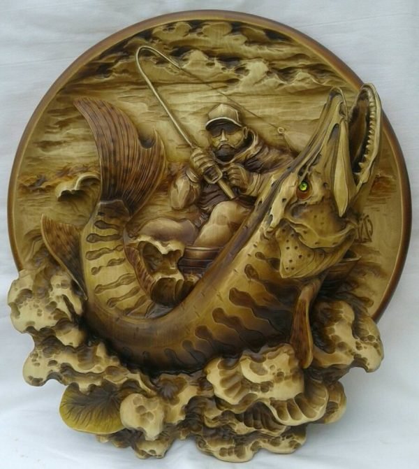 Fisherman Souvenir Wooden, Wood Carving, Wooden Pattern, 3D STL for CNC Router, Decorative Overlays, Decorative Relief Woodworking, CNC Wood Carving Design
