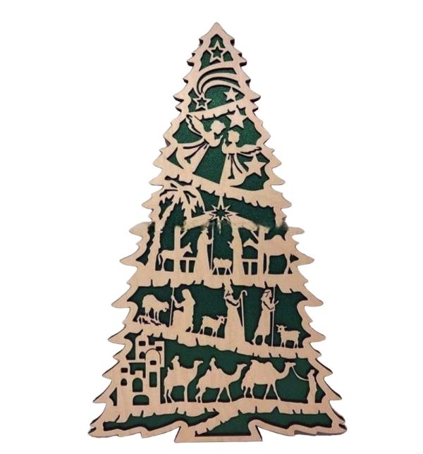 Laser Cut Christmas Tree With Nativity Scene Free Vector