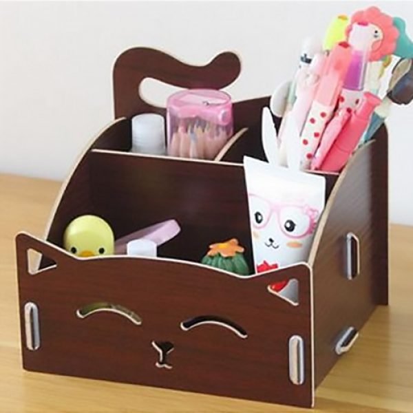 Laser Cut Cute Cat Wooden Storage Box Office Desktop Cosmetic Organizer Free Vector