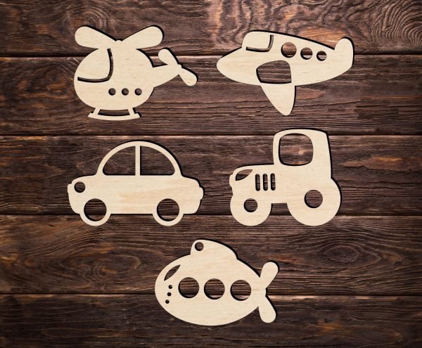 Laser Cut Figures of transport, helicopter, airplane, car, car, tractor, submarine