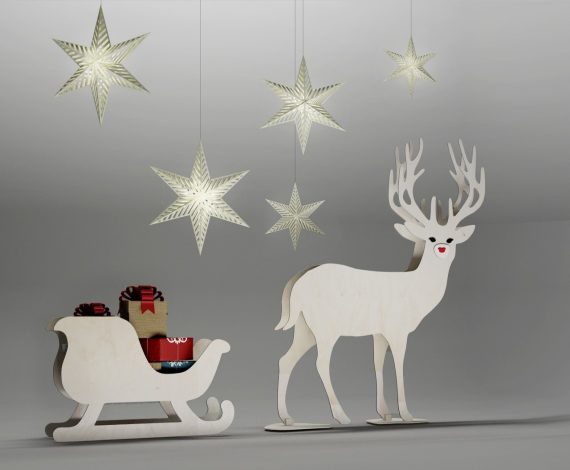 Laser Cut Layout for Deer with sleigh Free Vector