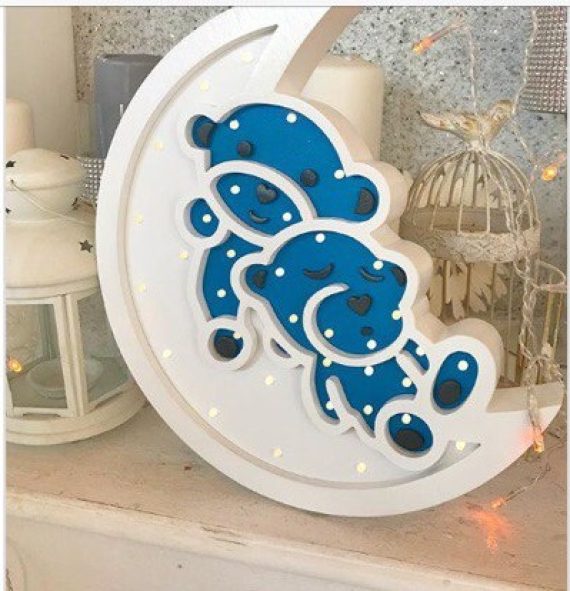 Laser Cut Night Light Lamp with teddy bears Drawing
