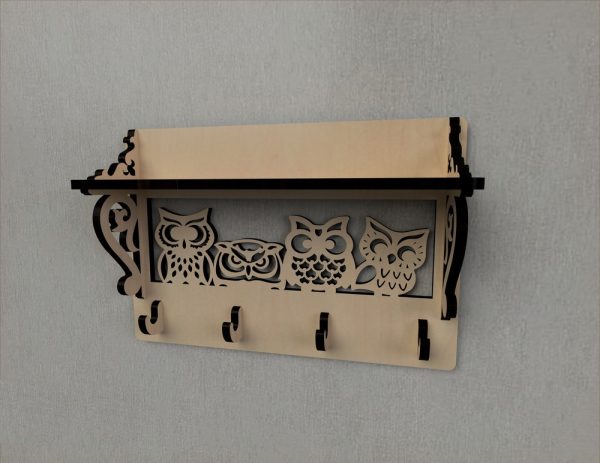 Laser Cut Owl Decor Wall Mounted Coat Rack Shelf Coat Hook Rack Entryway Shelf CDR File