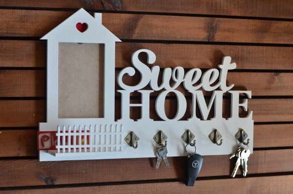 Laser Cut Sweet Home Key Hanger with Fence Free Vector