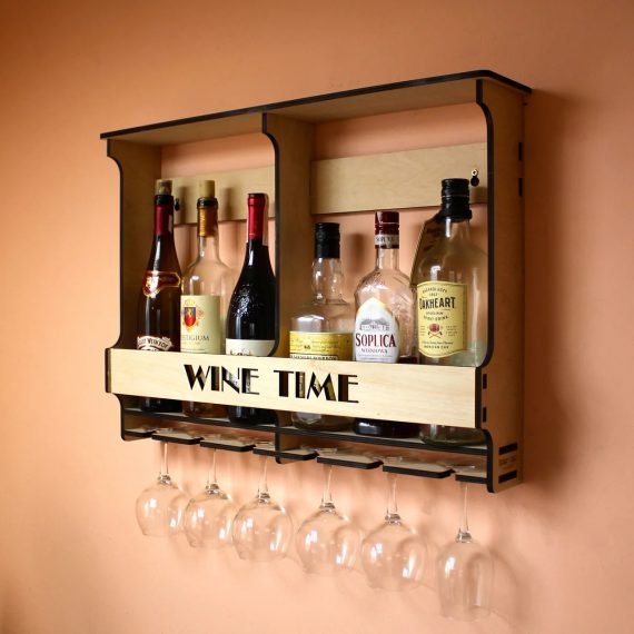 Laser Cut Wall Mounted Wine Rack Mini Bar Liquor Cabinet Minibar For 6 Bottles And Glasses CDR File