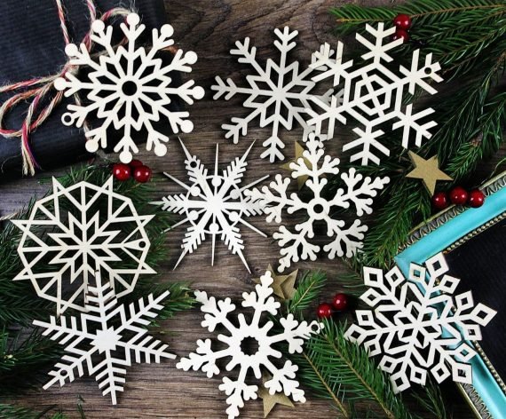 Laser Cut Wood Christmas Snowflake Ornaments Tree Hanging Decorations CDR File