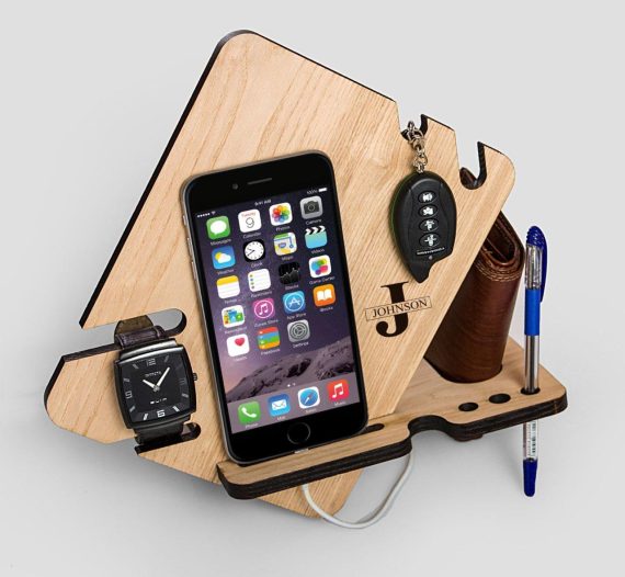 Laser Cut Wood Phone Docking Station With Key Holder Wallet Stand Watch Organizer Men Gift CDR File