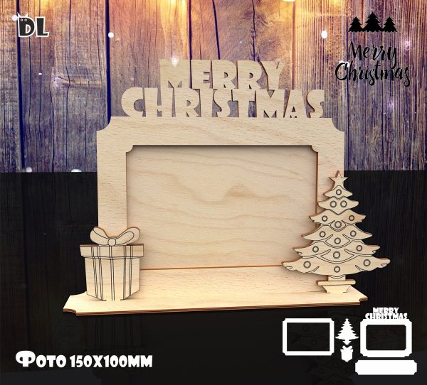 Laser Cut Wooden Merry Christmas Photo Frame With Engraved Tree And Gift Box CDR File