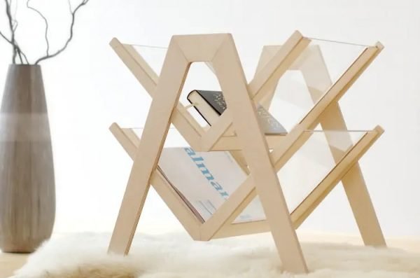 Laser Cut Wooden and acrylic magazine rack Free Vector