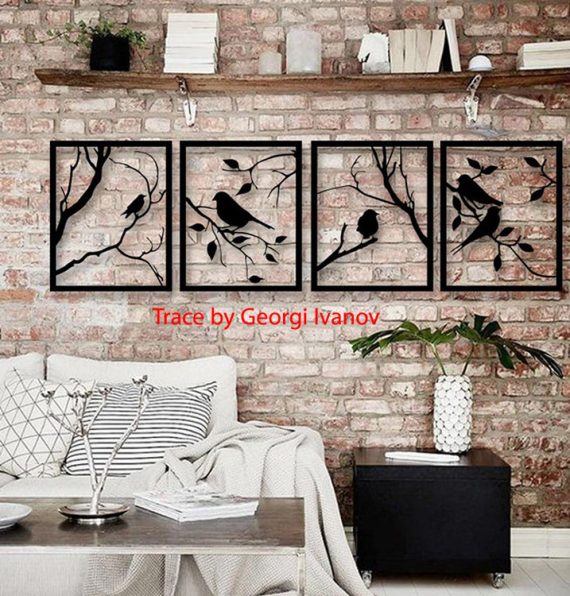 Layout of Birds on brances Four Frames Wall Decor