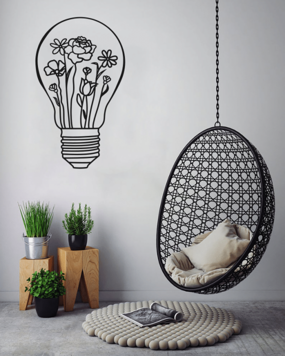 Light bulb metal wall art, minimalist vintage wire sculpture decor