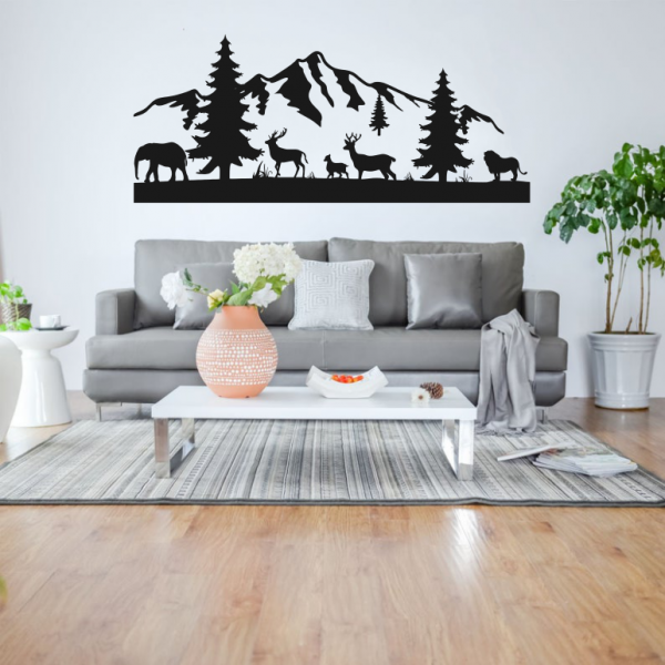 Metal Wall Decor, Metal Deer Family Art, Tree Mountain Decoration