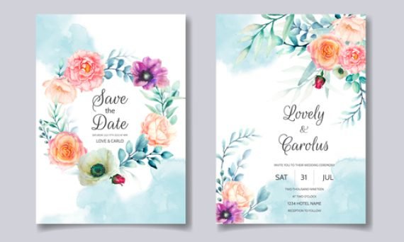 Watercolor flowers wedding invitation card vector