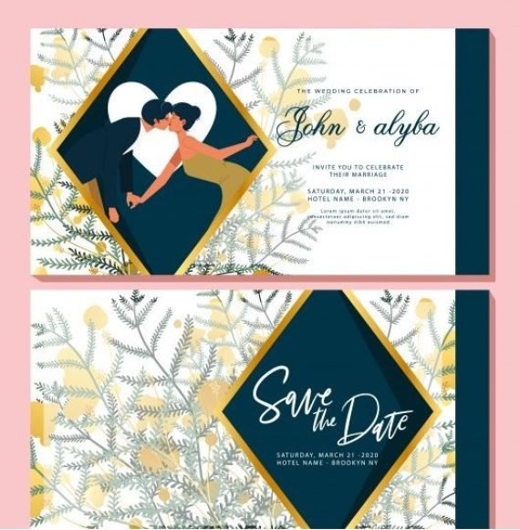 Wedding card template romantic couple elegant flowers decor vector