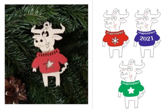 laser cut Christmas toys, badges bulls, bulls in a sweater vector file free
