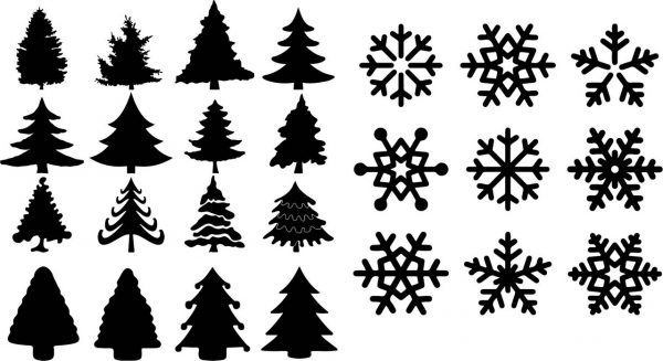 layouts of Christmas trees and snowflakes